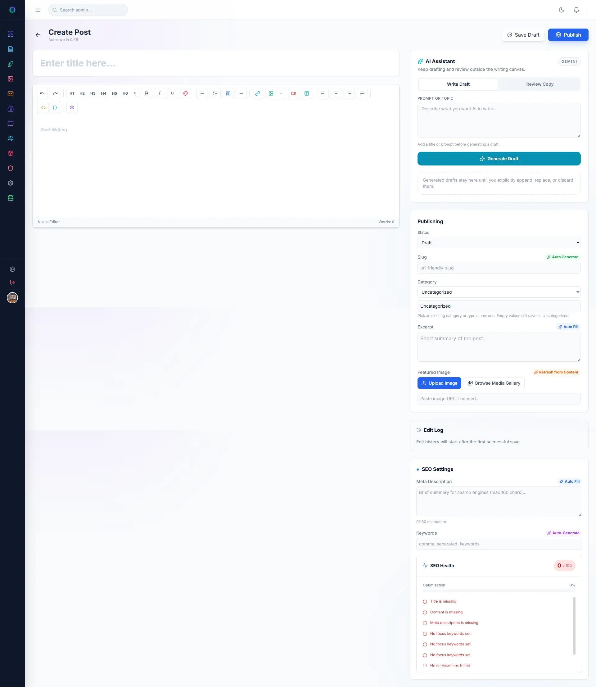 VonCMS editor interface with writing and SEO controls