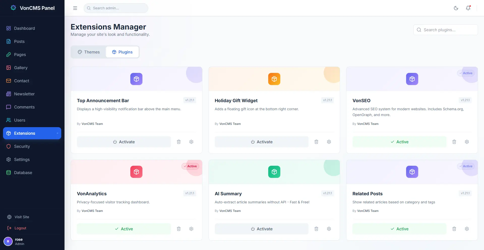 VonCMS extension manager preview