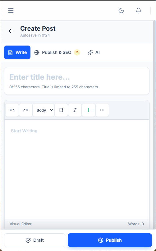 VonCMS mobile post editor with writing tab, SEO tab, AI tab, draft action, and publish action