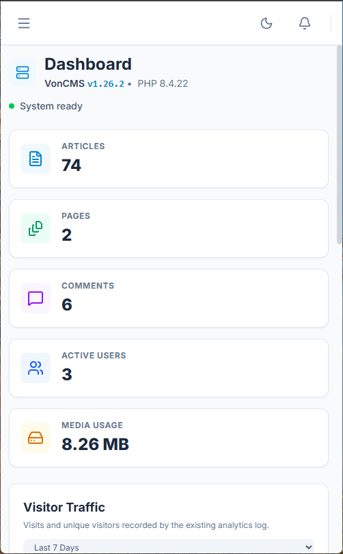 VonCMS mobile dashboard showing articles, pages, comments, active users, media usage, and traffic