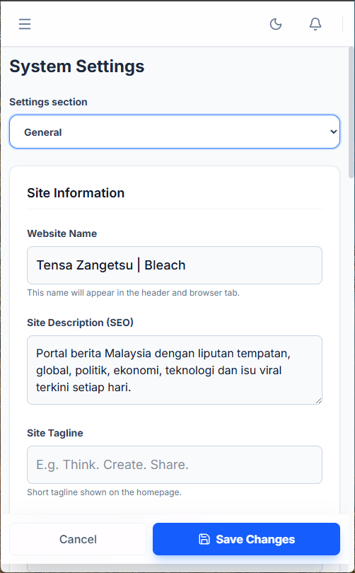 VonCMS mobile system settings screen for website name, SEO description, tagline, and save action