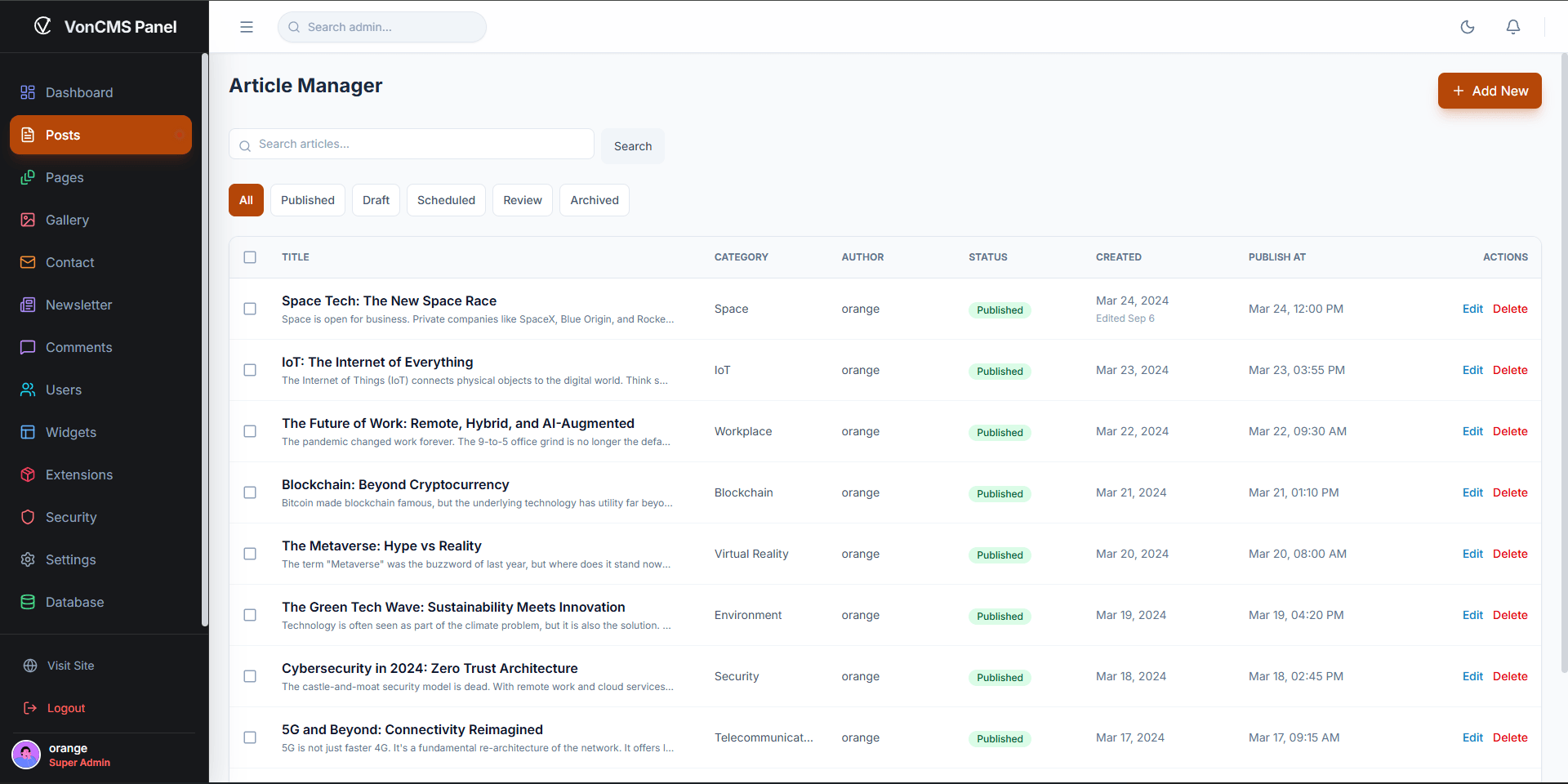VonCMS Article Manager with Published, Draft, Scheduled, Review, and Archived tabs