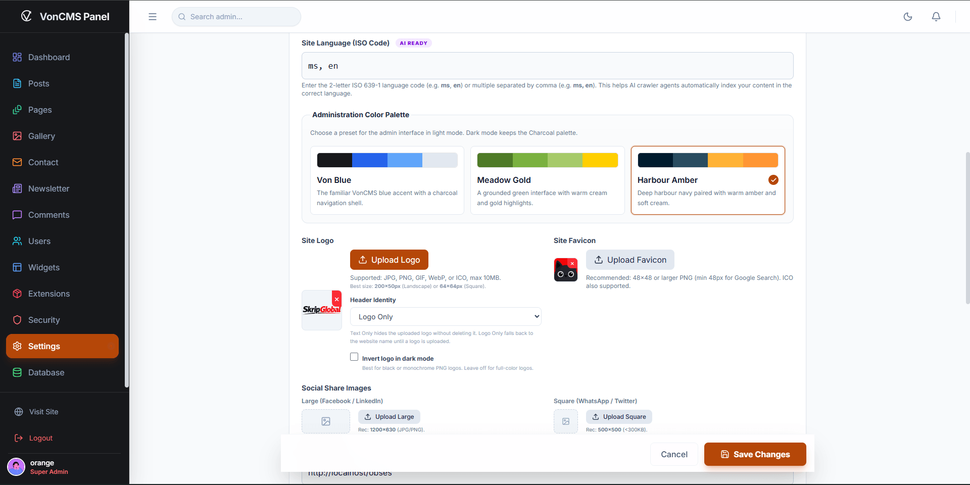 VonCMS Administration Color Palette and site identity settings